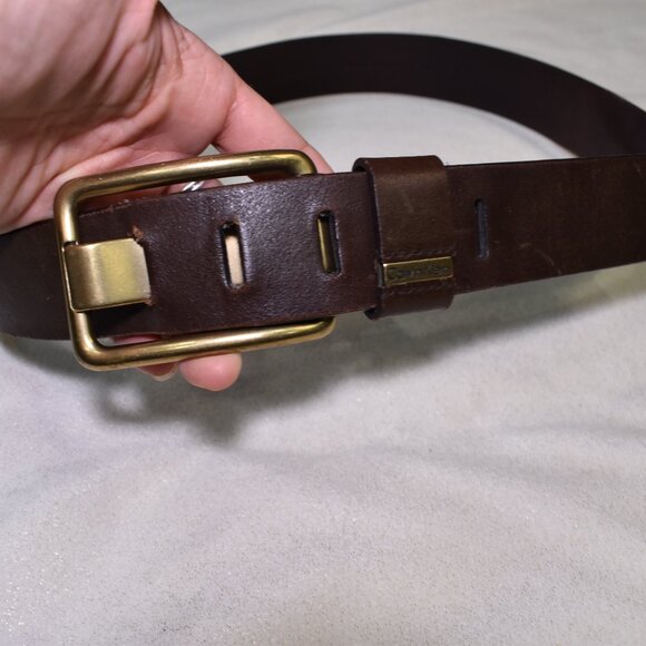 Calvin Klein Womens Brown Leather Belt Size 34 Large Gold Buckle - Picture 3 of 9